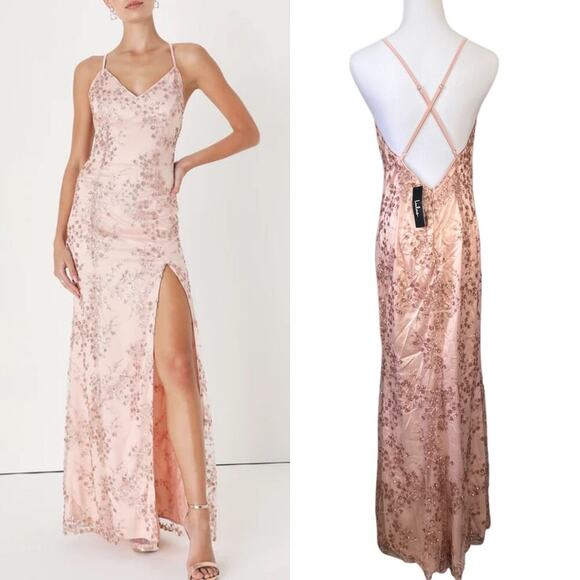 Lulu's Blissful Blossoms Blush Pink Sequin Backless Long Maxi Dress MEDIUM NWT - Picture 1 of 14